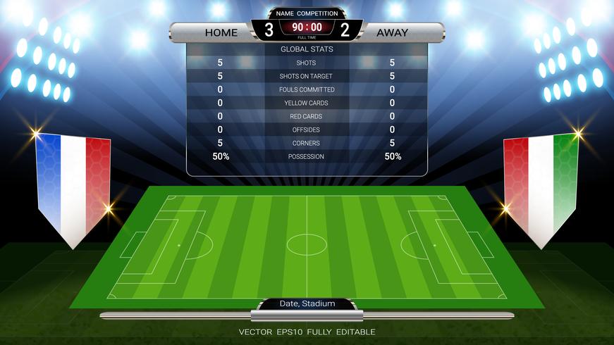 Scoreboard and soccer field illuminated by spotlights, global stats broadcast graphic football template with the flag. vector