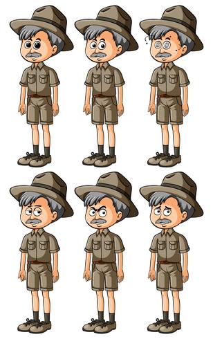 Hombre en traje de safari con diferentes emociones. vector