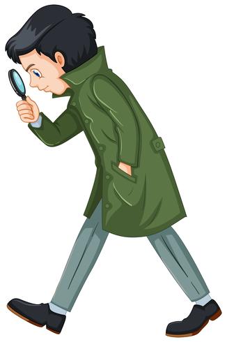 Detective en abrigo verde con lupa. vector