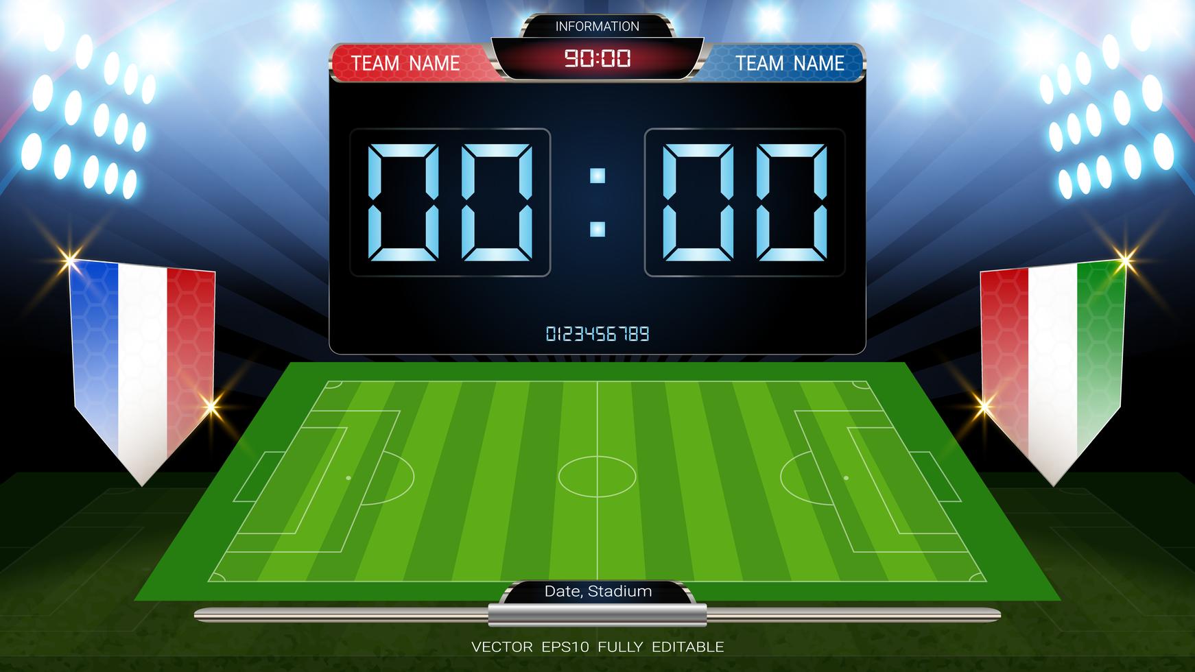 Scoreboard and soccer field illuminated by spotlights, global stats