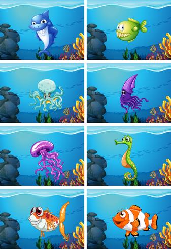 Escenas submarinas con animales marinos. vector