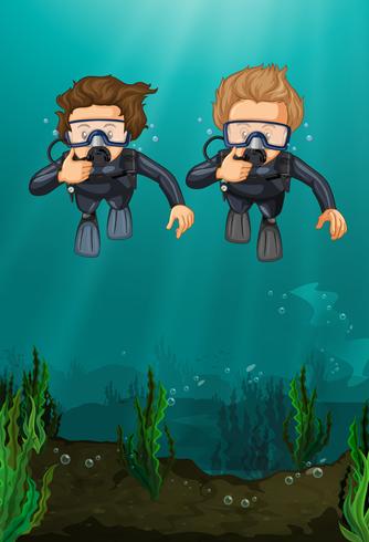 Two men scuba diving under the ocean vector