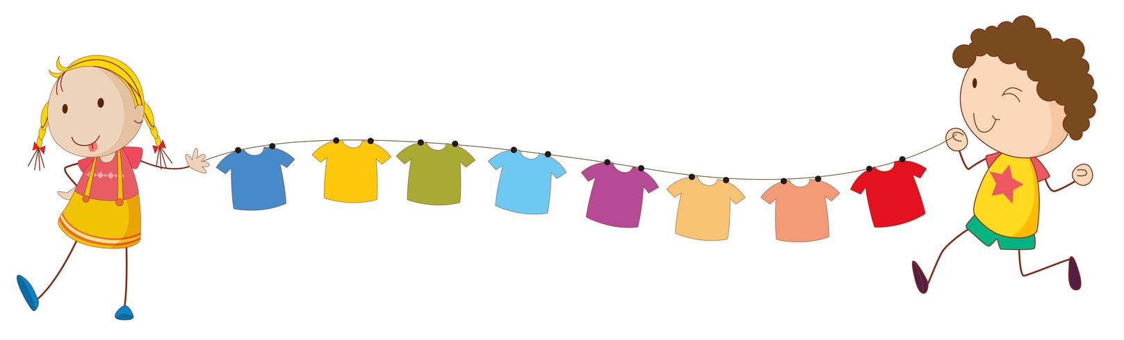 Kids holding the tips of the wire for the hanging clothes vector