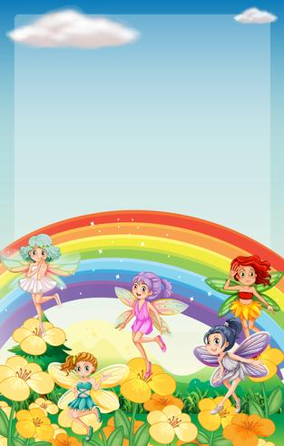 Background scene with fairies flying over rainbow vector