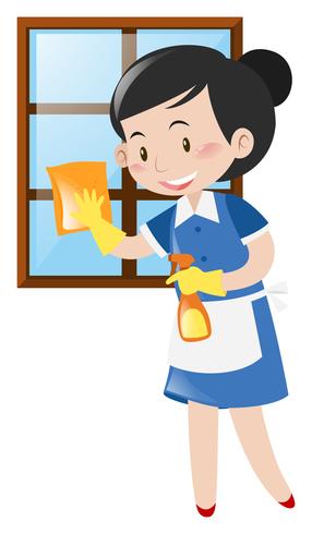 Happy maid cleaning window vector