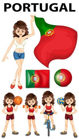 Bandera de Portugal y mujer deportista. vector