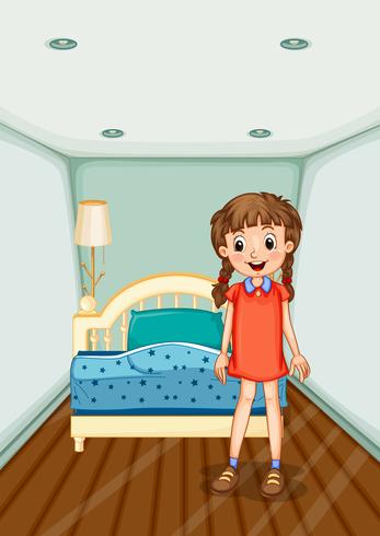 Girl standing in bedroom with blue bed vector