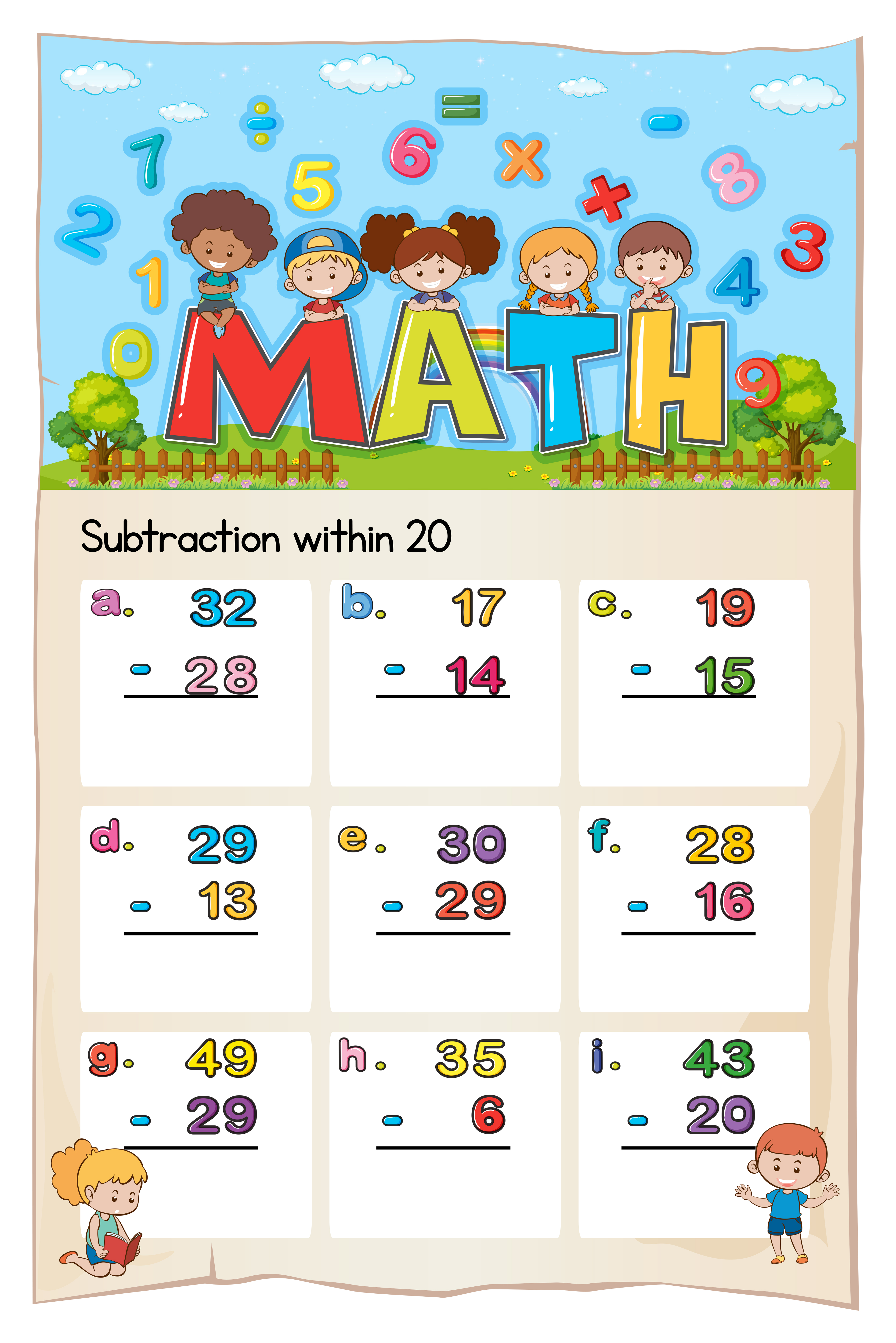 Math worksheet template for subtraction within twenty 559589 ...
