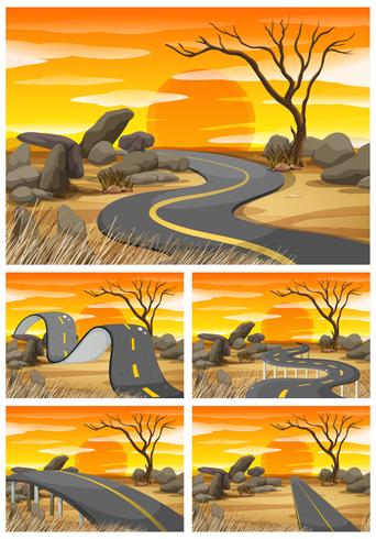 Savanna field at sunset with empty roads vector