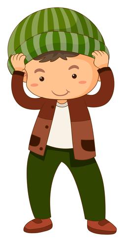 Little boy in brown jacket and green hat vector