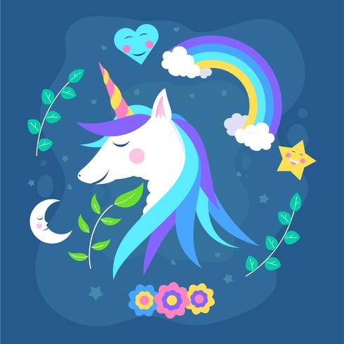 unicorn bust surrounded by flowers moon and stars vector