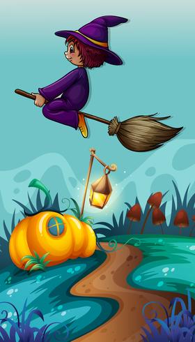 Scene with witch on flying broom vector