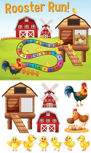 Plantilla de juego de mesa con pollos en corral vector