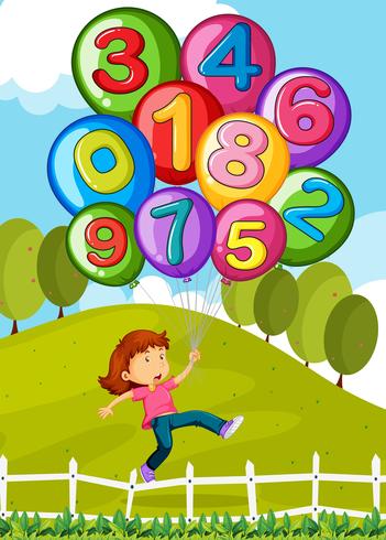 Balloons with numbers and little girl in park vector