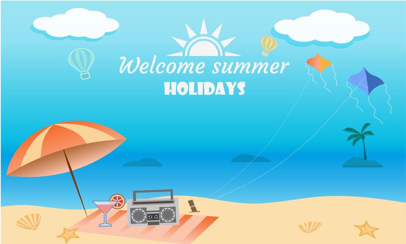 Vector de concepto de actividad de playa de verano, bienvenido a vacaciones verano