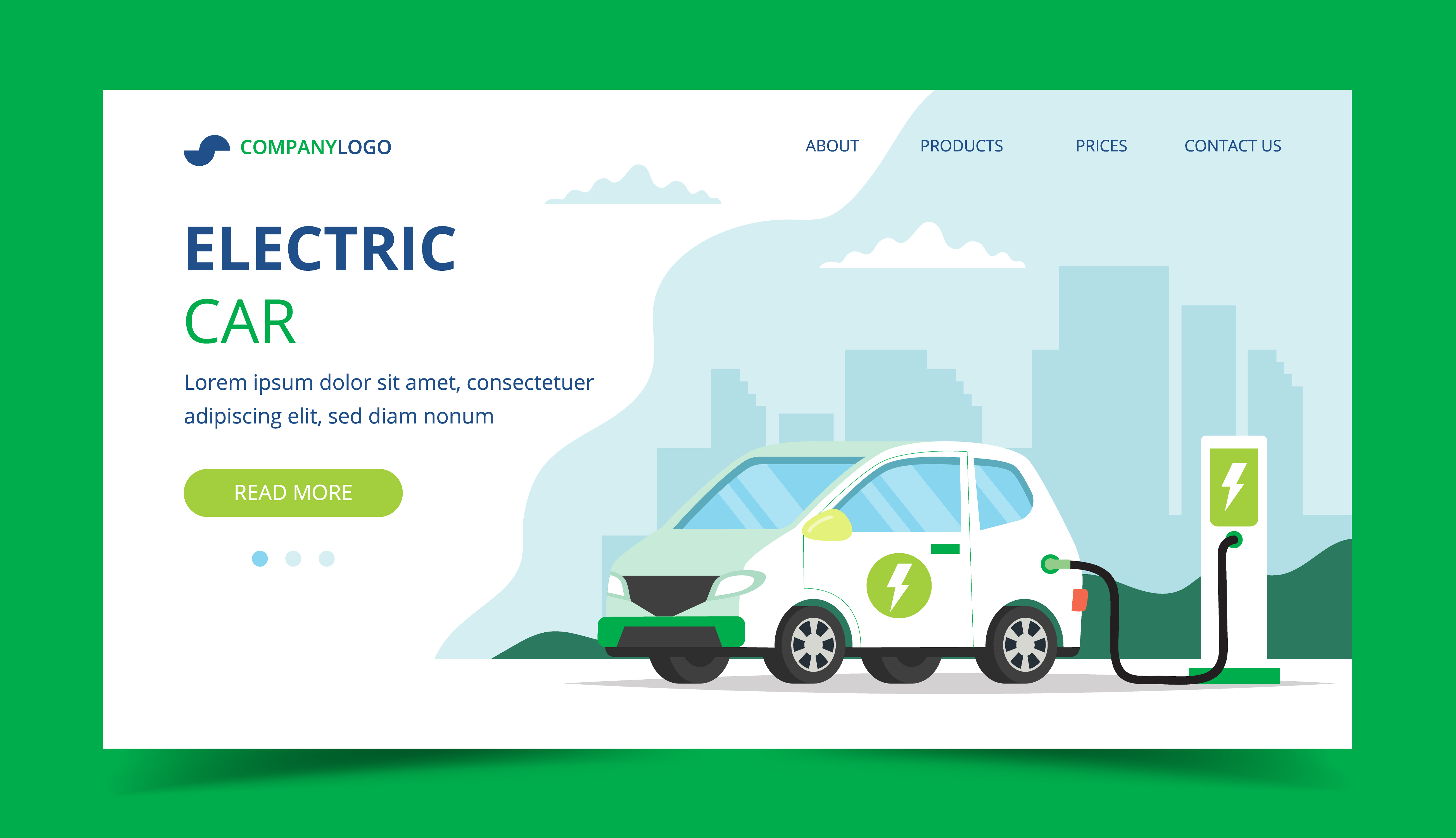 Electric car charging landing page concept illustration for environment, ecology