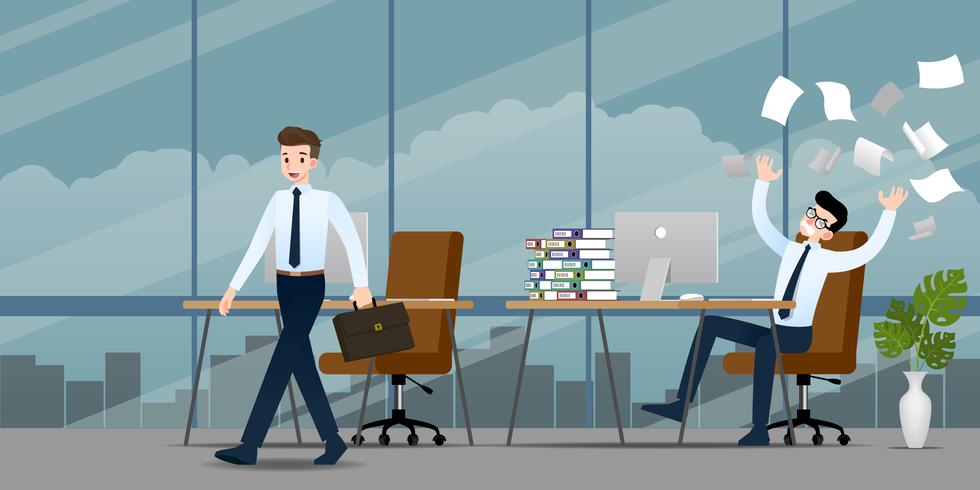 Businessman in different emotion. Two businessmen have contrast situation of work one can finished and going back home but the other one is very confused and busy. Illustration vector design.