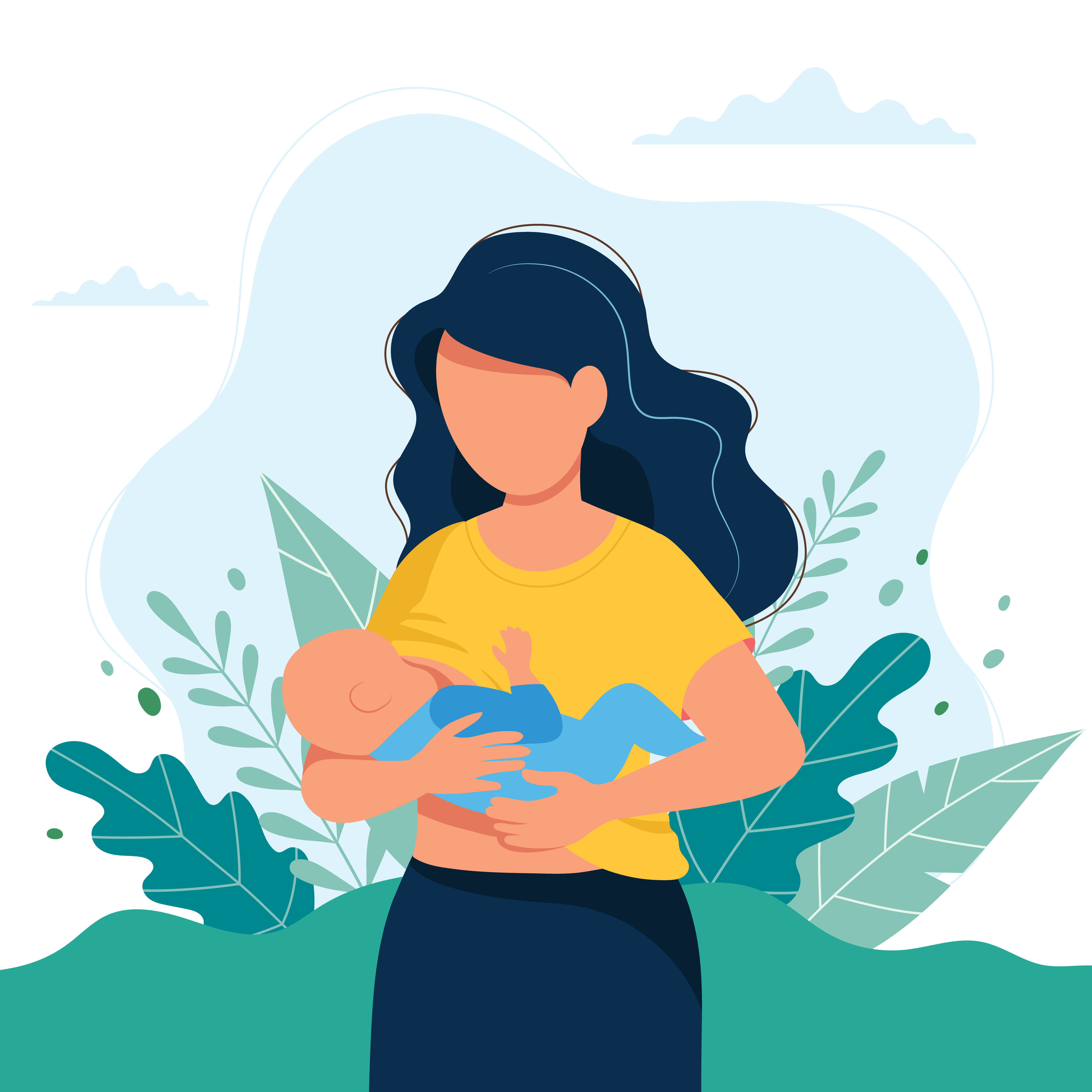 Breastfeeding illustration, mother feeding a baby with breast on