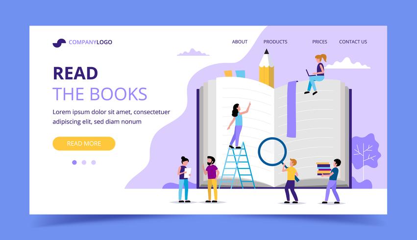 Reading landing page, small people characters around big book. Concept illustration for education, books vector