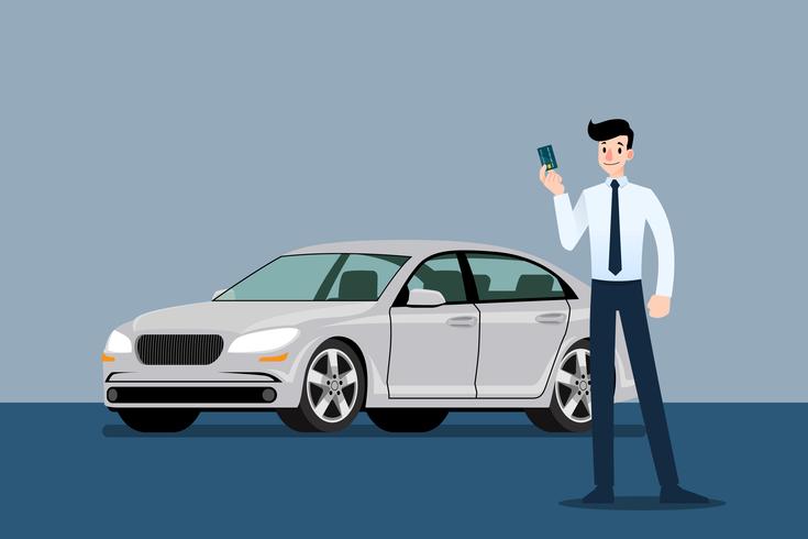 Happy businessman, seller stand and holding credit card in front of luxury car that parking in large showroom. vector