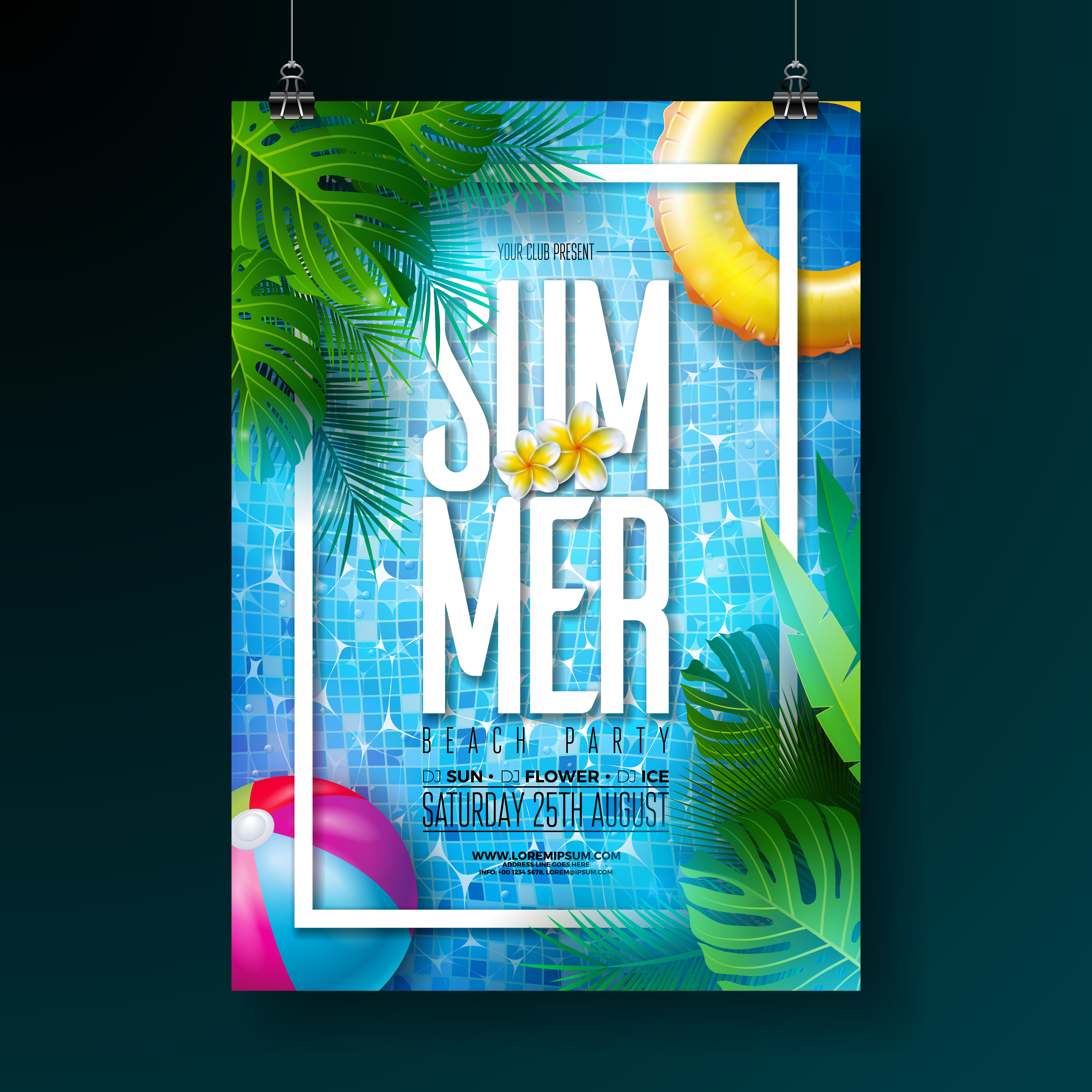 Summer pool party poster design template with water, tropical palm