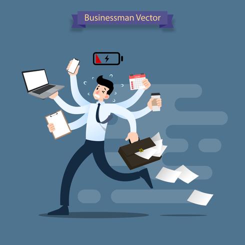 El hombre de negocios corre con muchas manos que sostienen el smartphone, el ordenador portátil, la cartera, la pila de papel, el calendario, el tablero y el café. Trabajador muy ocupado hace muchos trabajos al mismo tiempo. vector