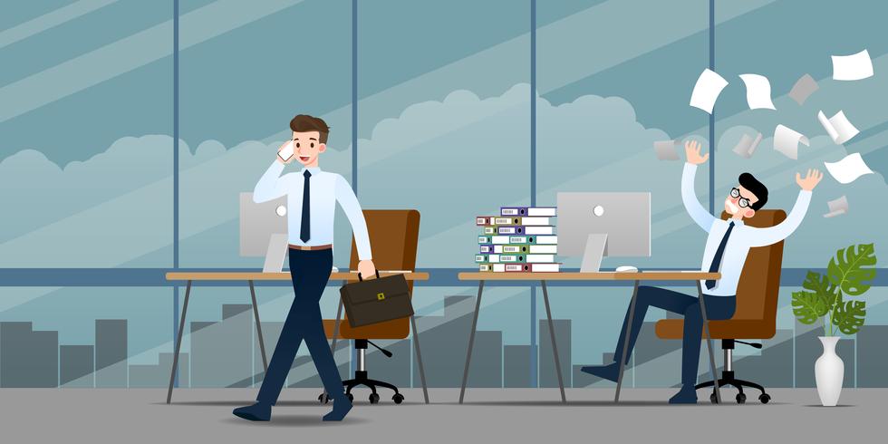 Businessman in different emotion. Two businessmen have contrast situation of work one can finished and going back home but the other one is very confused and busy. Illustration vector design.