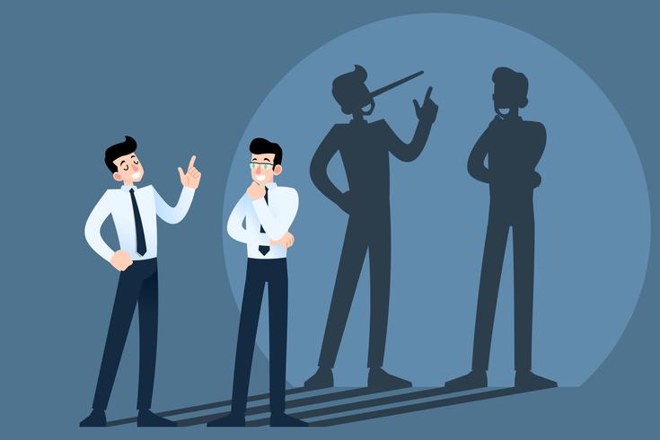 Happy smiling lies, cheat, hoax businessman character chatting in front of the wall with shadow of his long nose. Liar, lying people in business concept. vector