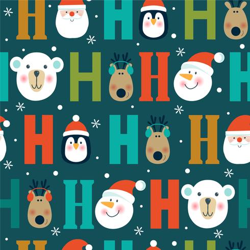 Christmas seamless pattern with polar bear, penguin, snowflakes, Santa and reindeer. vector