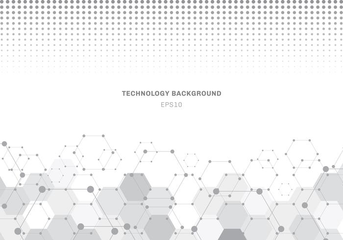 Los hexágonos grises abstractos modelan la molécula en el fondo blanco con la textura de semitono. Elementos geométricos para la plantilla de diseño de comunicaciones modernas, medicina, ciencia y tecnología digital. vector