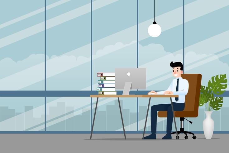 Happy businessman working on a personal computer, sitting on a brown leather chair behind the office desk in the office to make his business successful and get more profit. Vector illustration design.