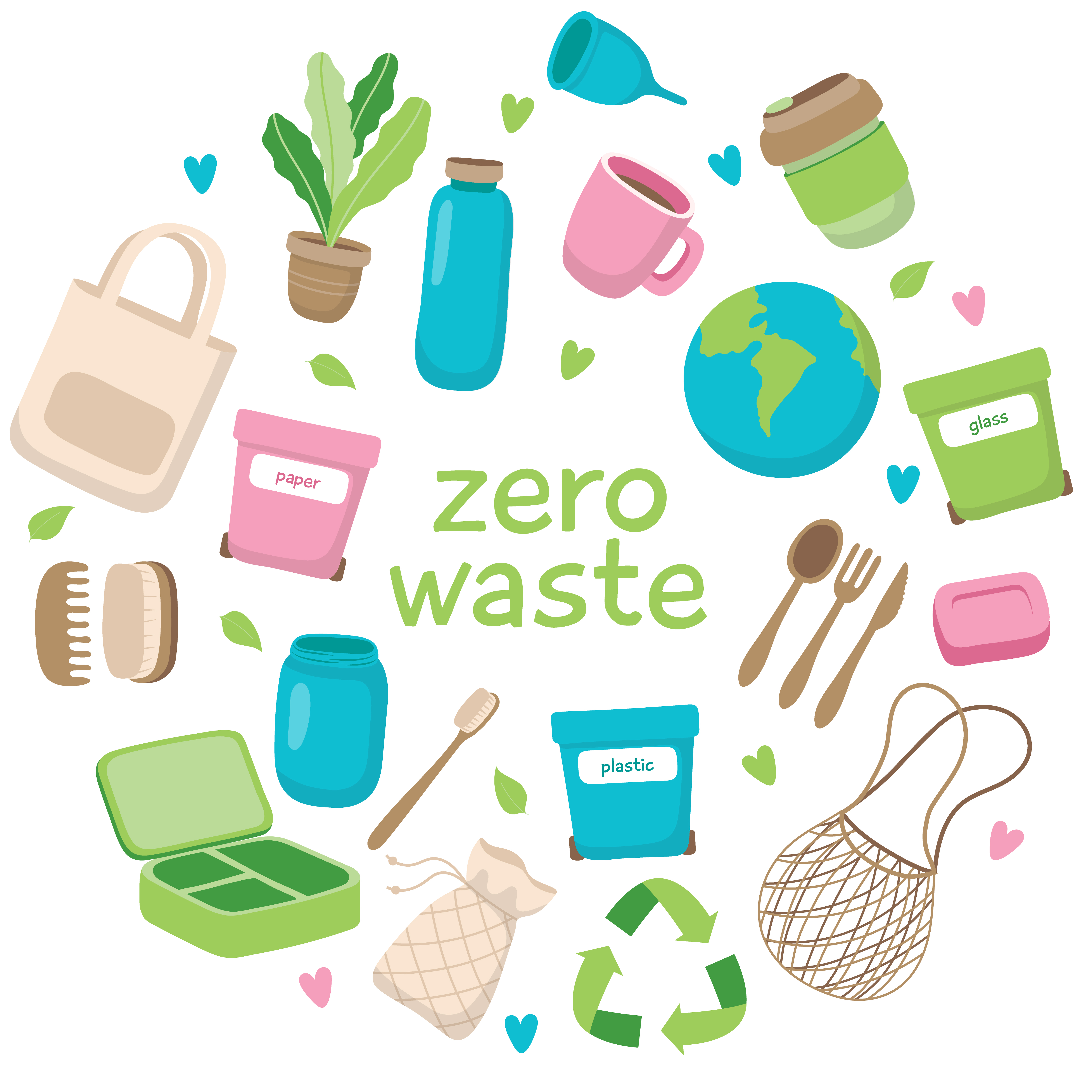 Zero waste concept illustration with different elements and lettering