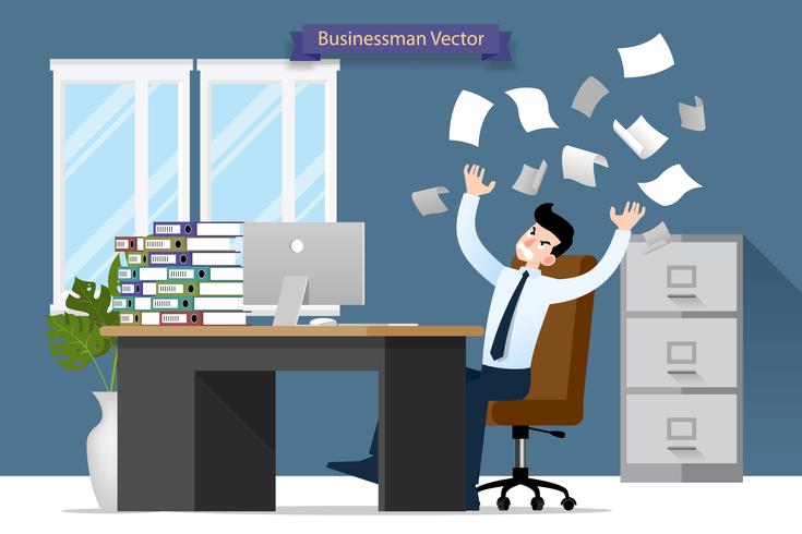 Businessman stress at the desk by a lot of work. Flat vector illustration design of employee character with stack of paper working very hard with the personal computer.