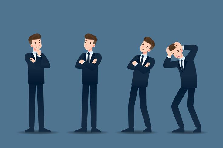 Set of businessman in 4 different gestures. People in business character poses like thinking, concern. Vector illustration design.