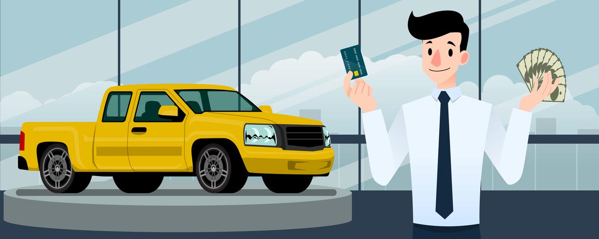 Happy businessman, seller stand and holding a credit card and money in front of yellow pickup truck that parking in large showroom in the city. vector