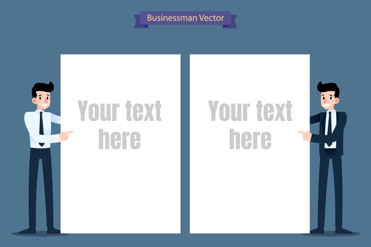 Businessman in formal suit pointing to a blank sheet by his finger. Ready to edit text template. vector