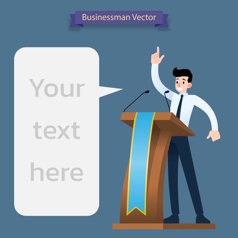 Businessman presenting, giving a speech at the wood podium with two microphones. vector