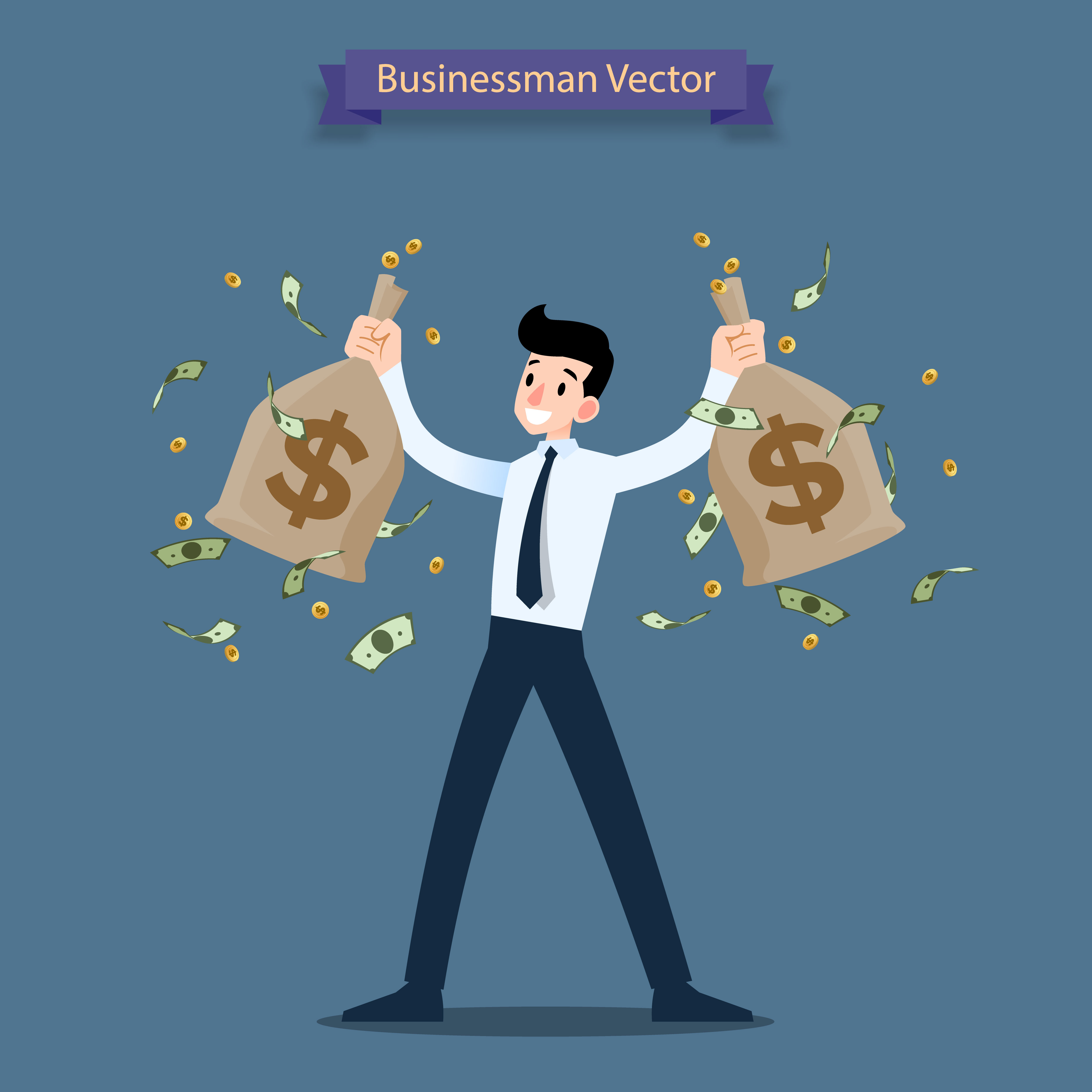 Happy businessman holding a money and gold coin bag, sack. Rich people who  can make a lot of income, profit financial. 560245 Vector Art at Vecteezy