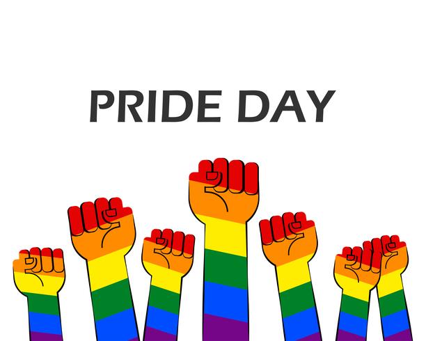 Vector illustration of pride day with striped rainbow hands show fist raised up on white background