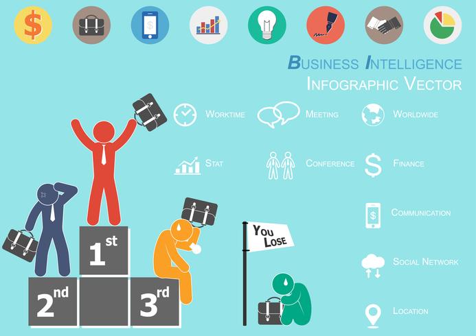 Infografía de Business Intelligence (el ganador está contento y los perdedores están tristes) vector