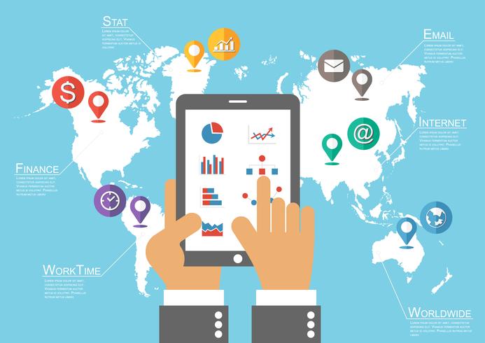 Empresario mantenga tableta y mapa del mundo con el indicador de ubicación (vector de infografía) vector