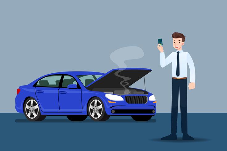 Businessman holding a credit card and waiting for insurance when his car was broken. vector