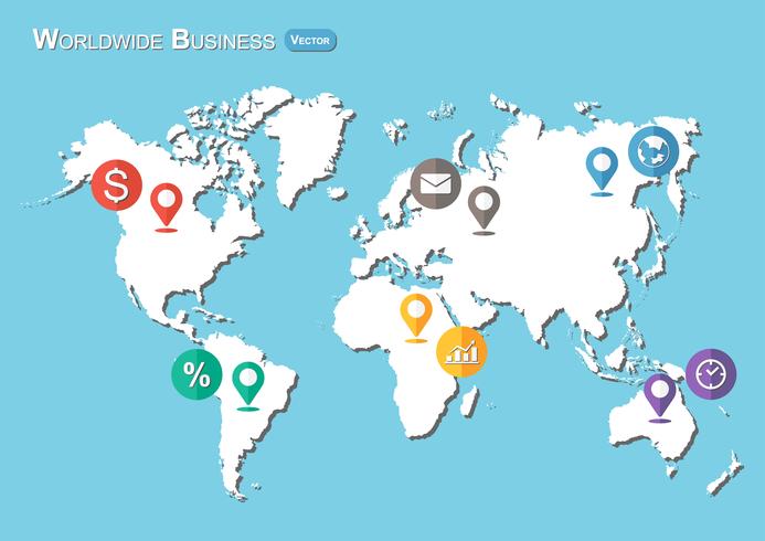 Mapa mundial con punteros y un icono de negocio (diseño plano) vector