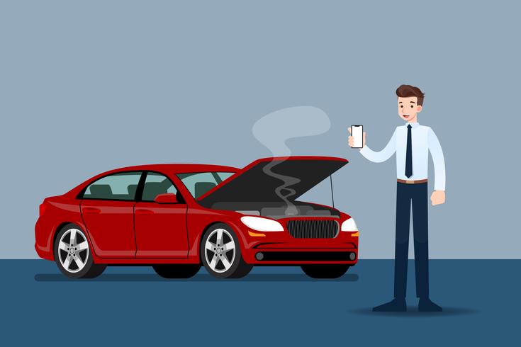 Hombre de negocios que sostiene un teléfono móvil y pide un seguro cuando se rompe su automóvil. vector
