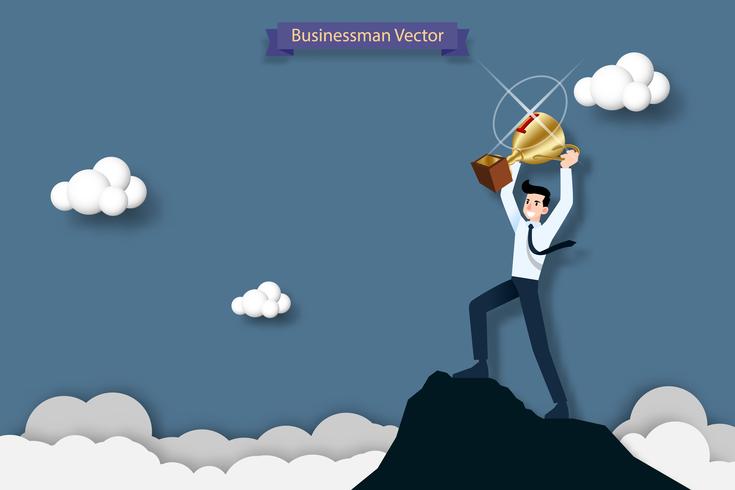 Happy businessman holding a number one trophy on the top of the high mountain. Success, goal, achievement and challenge concept. vector