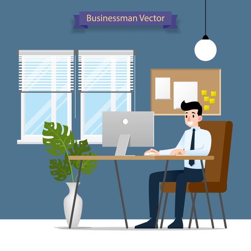 Hombre de negocios feliz que trabaja en una computadora personal, sentado en una silla de cuero marrón detrás del escritorio de oficina. Vector ilustración de estilo plano.