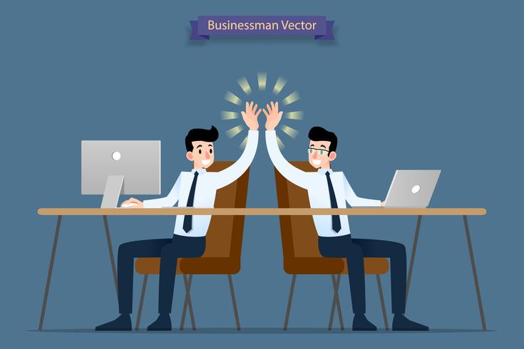 Successful businessman, teamwork working together by using computer and laptop  giving high-five, congratulation each other after their job finished. vector