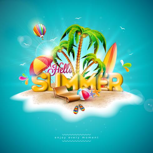 Vector Hola Ilustración de vacaciones de verano con letra de tipografía 3d sobre fondo azul marino. Plantas tropicales, flor, pelota de playa, globo aerostático, tabla de surf y sombrilla para pancarta, volante