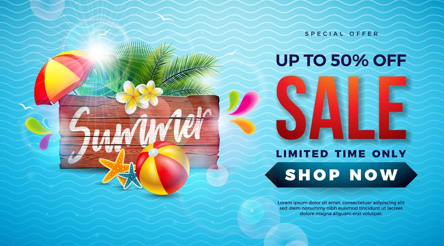 Summer Sale Design with Typography Letter on Vintage Wood Board, Exotic Palm Leaves and Beach Ball on Blue Background. Tropical Vector Special Offer Illustration with Coupon, Voucher, Banner