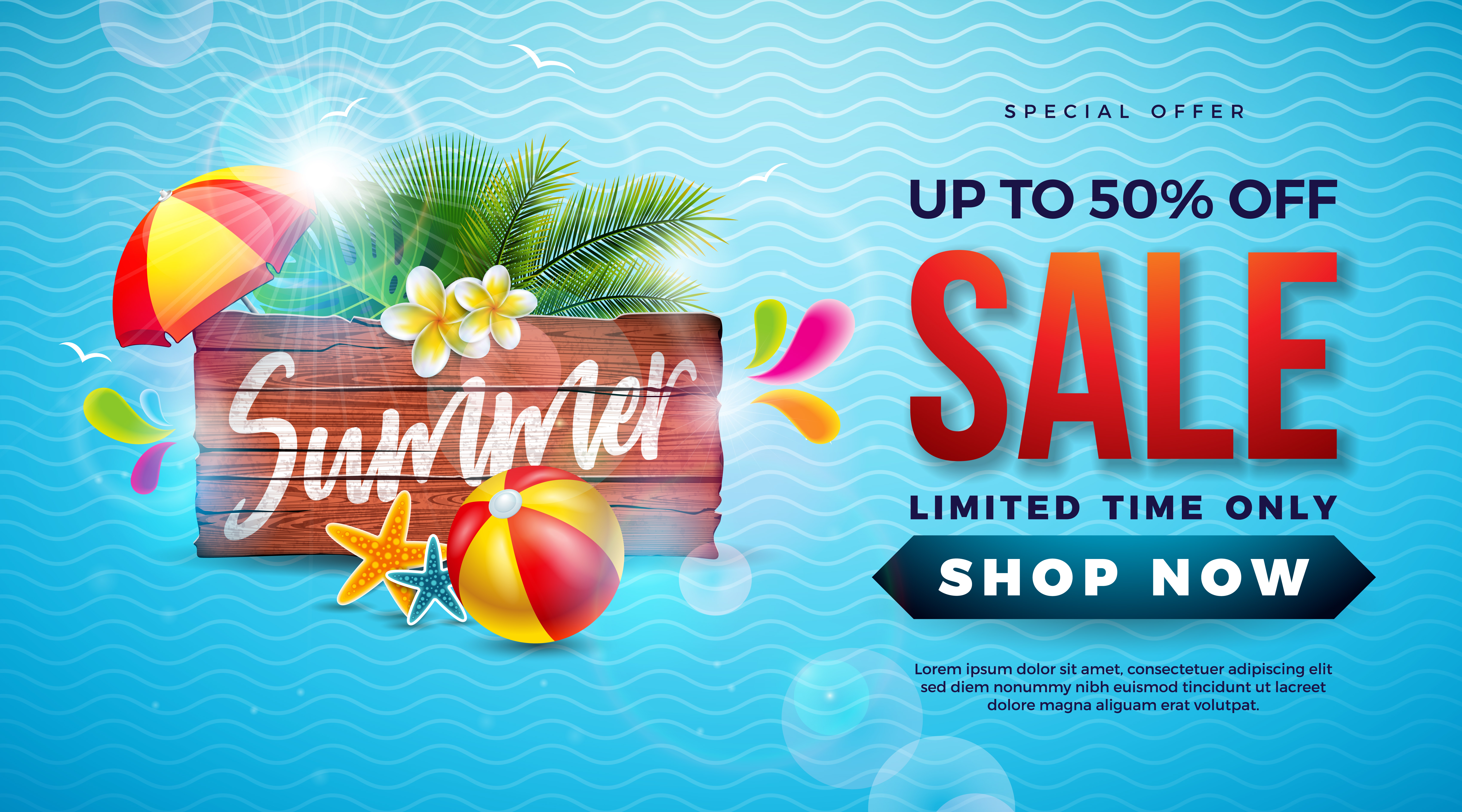 Summer Sale Design with Typography Letter on Vintage Wood Board, Exotic Palm Leaves and Beach